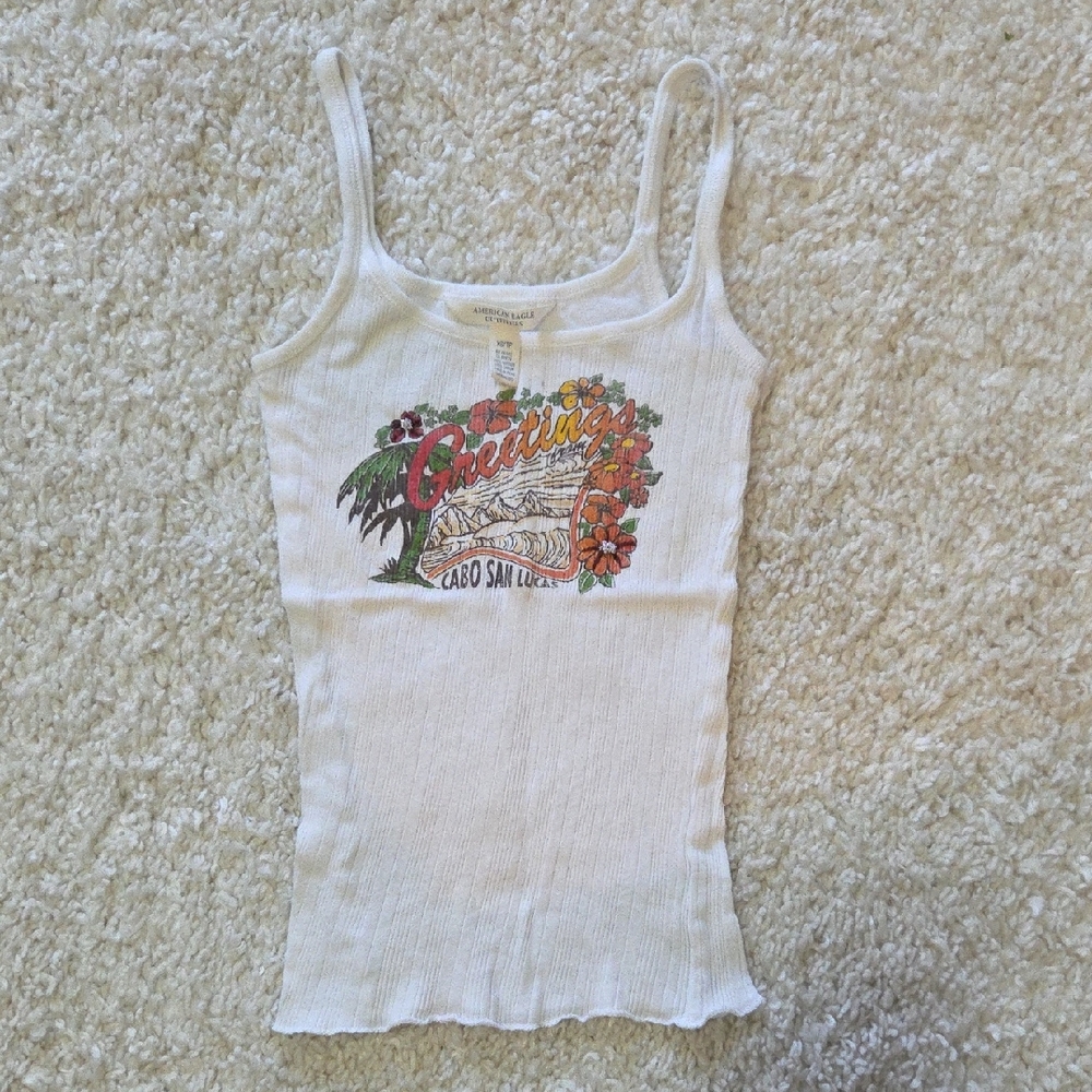Y2K American Eagle Outfitters White Graphic Camisole Tank w/beaded detail, XS